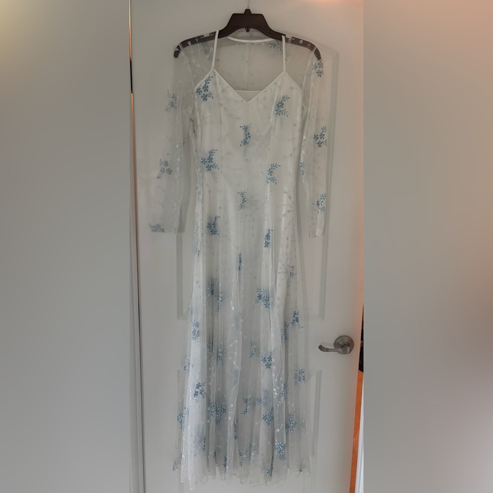 Elegant White and Blue Floral Dress